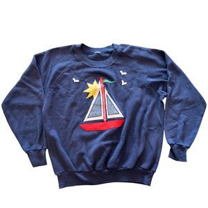 Vintage Navy Womens Sweatshirt Boat Applique Sea Design Size S Preppy